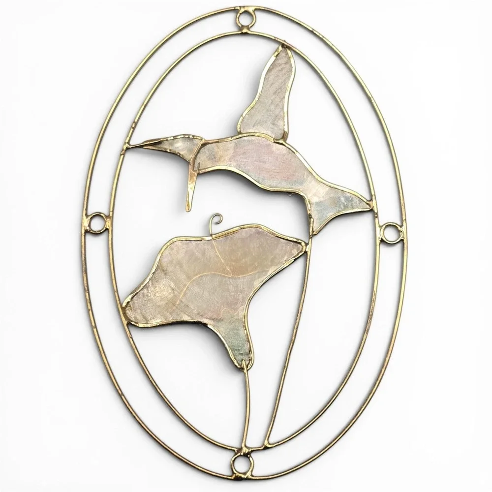 Vintage Hummingbird & Calla Lily Capiz Shell Suncatcher Wall Hanging 6x4